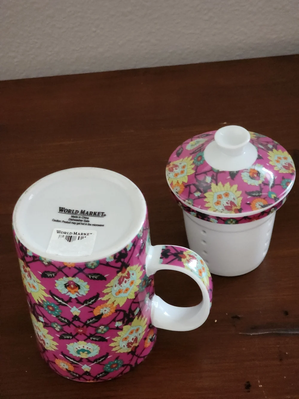 WORLD MARKET Pink Floral Ceramic Tea Mug with Infuser and Lid
